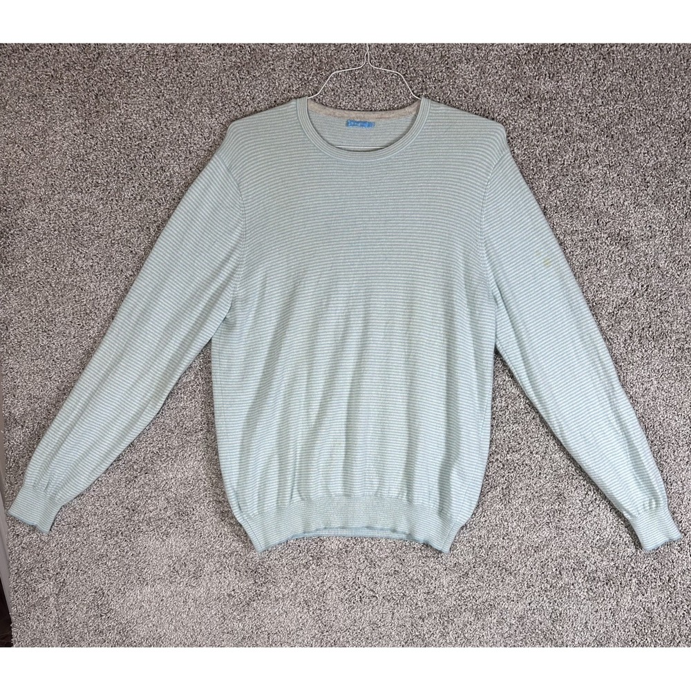 J. McLaughlin 100% Cashmere Sweater Size‎ L Aqua White Striped Relaxed Fit Warm